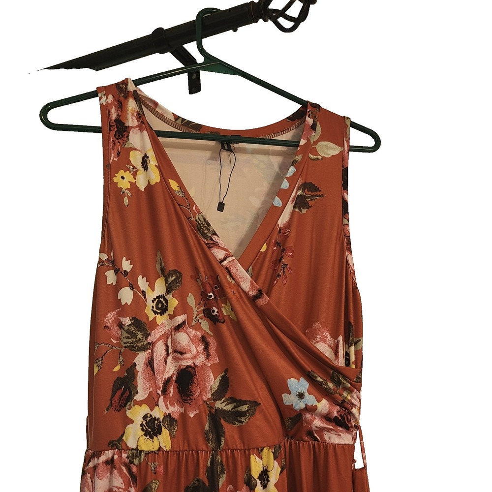 Boho Floral Flowy Midi Dress Women M Surplice V Neck Belted Sleeveless Zattcas